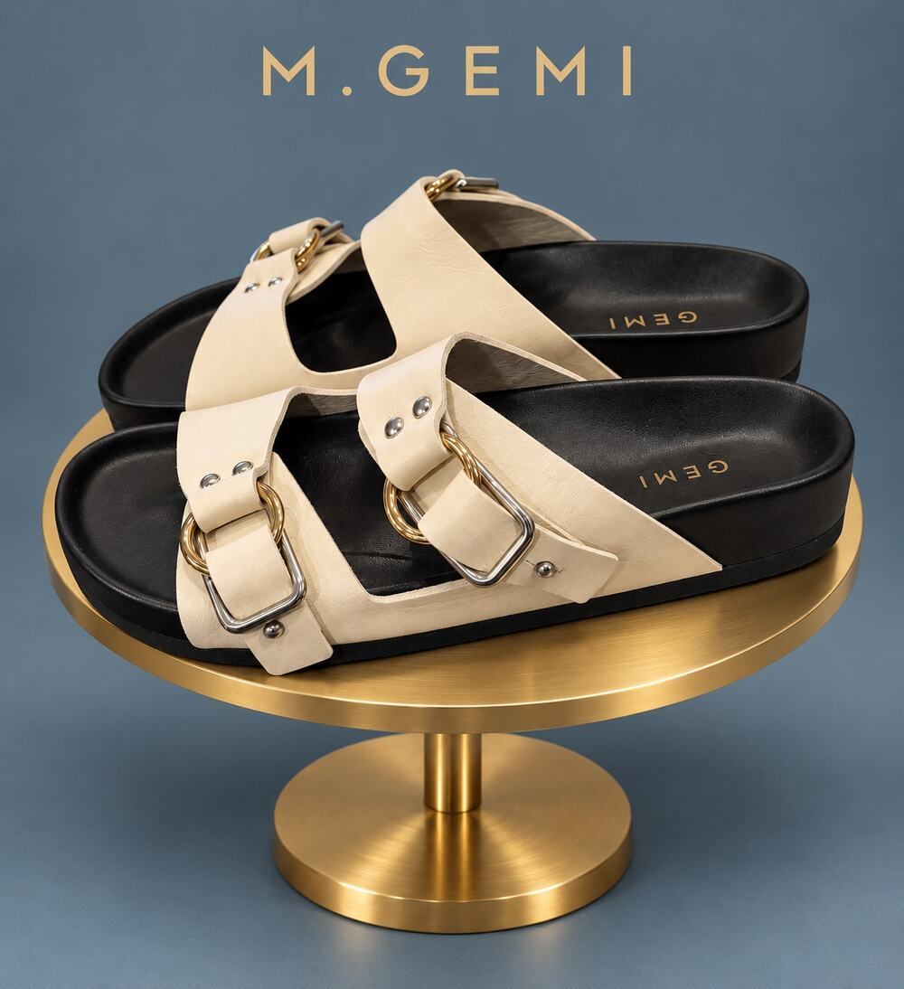 M.Gemi The Isa Ecru Leather Bicolor Buckle Slide Sandals EU 40.5